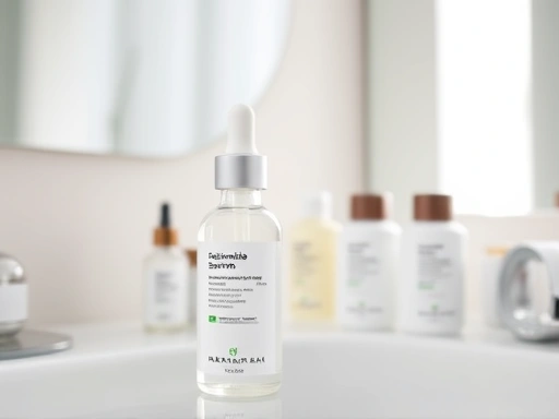 A clean, well-lit bathroom vanity with various skincare products, focusing on a clear bottle of niacinamide serum, natural light, soft focus, minimal background elements.