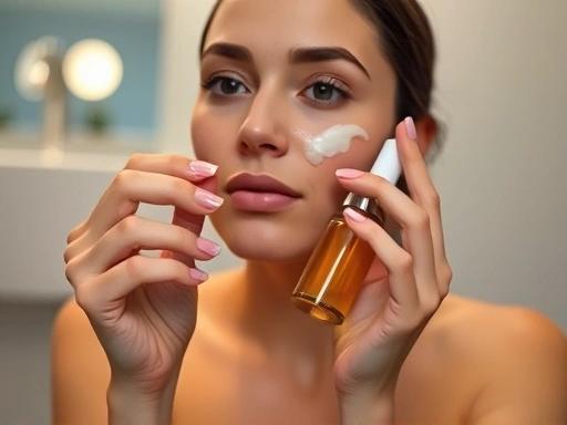 A person performing a detailed night skincare routine, close-up on hands applying serum, serene bathroom setting, soft lighting, focus on healthy skin, natural beauty.