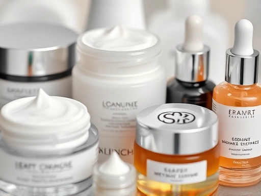 Close-up of various night skincare products neatly arranged, showing textures of cream, serum, and oil, soft lighting, luxurious and minimalist packaging.