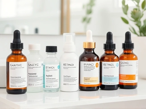 A close-up of a diverse set of skincare products and ingredients, focusing on salicylic acid, niacinamide, and retinol bottles, neatly arranged on a minimalist vanity table, emphasizing effective solutions for pore management. SEO keywords: skincare products, pore management ingredients, salicylic acid, niacinamide, retinol.