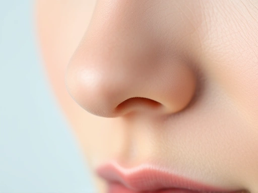 A detailed close-up shot of a clean nose with minimized pores, reflecting a healthy, smooth skin texture, set against a soft, natural light background, showing the effects of good skincare. SEO keywords: nose pore care, clean skin, smooth texture, minimal pores.