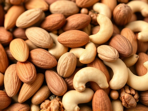 A close-up shot of a handful of mixed nuts including almonds, walnuts, and cashews, emphasizing their texture and natural appearance, with soft, natural lighting.
