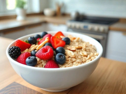 A vibrant, healthy bowl of oatmeal with fresh berries and nuts, illustrating a wholesome breakfast for cardiovascular health, with a blurred background of a modern kitchen.