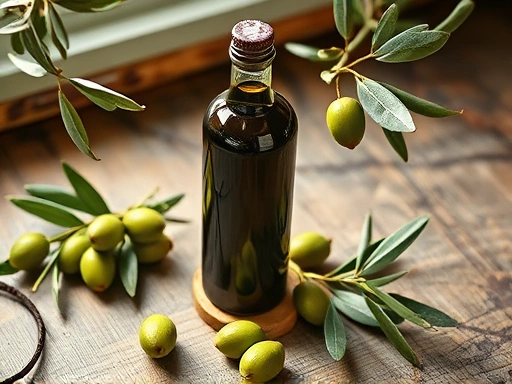 A high-angle shot of a rustic kitchen counter with a dark glass bottle of extra virgin olive oil, fresh green olives, and leafy olive branches, bathed in soft, natural light, emphasizing natural health and quality.
