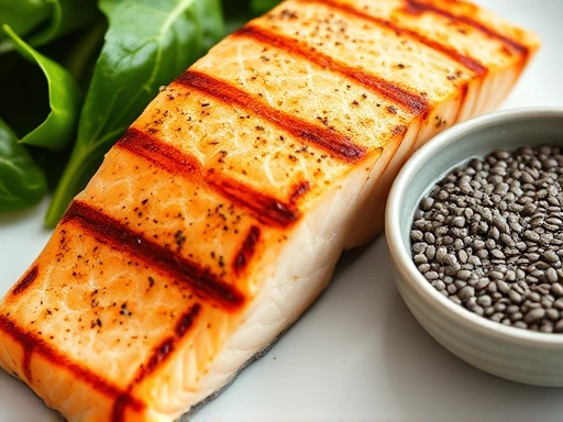 Close-up of a serving of grilled salmon with a side of spinach and a small bowl of chia seeds, emphasizing healthy eating.