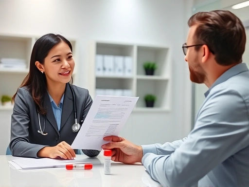 A confident female doctor in a clean medical office explaining thyroid test results to a male patient, with a blood test tube visible on the desk, emphasizing medical consultation and preventative health.