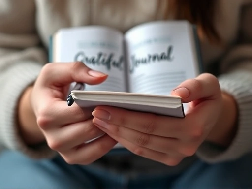 Close-up of hands gently holding a gratitude journal, with a pen, showing the act of writing and the tranquil focus on personal reflection for mental health.
