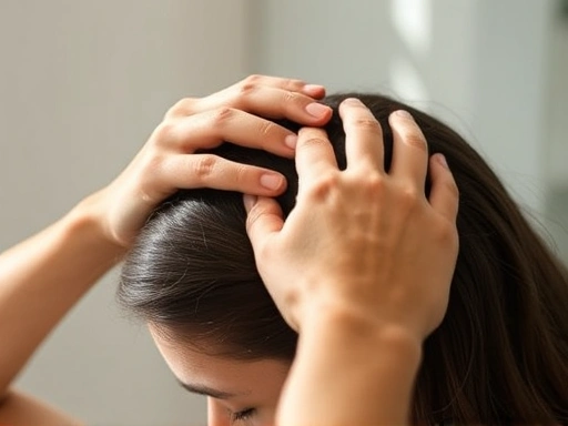 A person gently massaging their scalp with their fingertips, in a soft, diffused lighting, emphasizing daily care and relaxation for hair health and preventing aging.