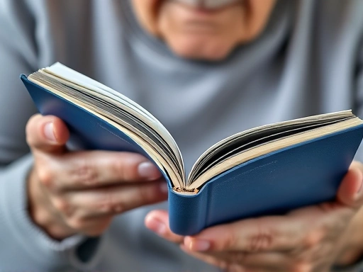 A close-up shot of a senior person's hands gently holding an open book, with soft lighting illuminating the pages, focusing on the act of reading and the calm, focused expression, incorporating 