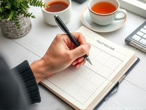 Close-up of a hand writing in a journal, planning a daily routine, surrounded by calming elements like a cup of tea and a plant, emphasizing focus and organization.