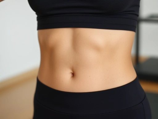 A close-up shot of a person's midsection during a Pilates exercise, focusing on the subtle muscle contractions and engagement of the transversus abdominis, showing a flat abdomen and engaged core, highlighting the precision of movement.