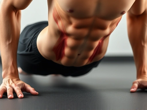Close-up of a person's core muscles during a plank variation, showing muscle activation and proper form, with a focus on core stability. Keywords: core muscles, plank exercise, abdominal strength, stability.