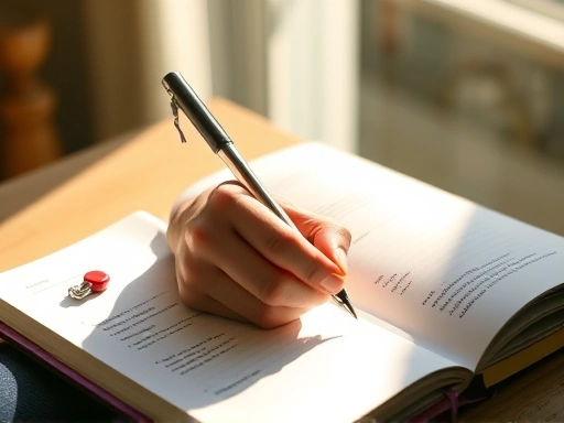 A close-up shot of a hand writing in a gratitude journal, with sunlight streaming onto the page. The person looks peaceful and focused, emphasizing the practice of positive thinking techniques for health.
