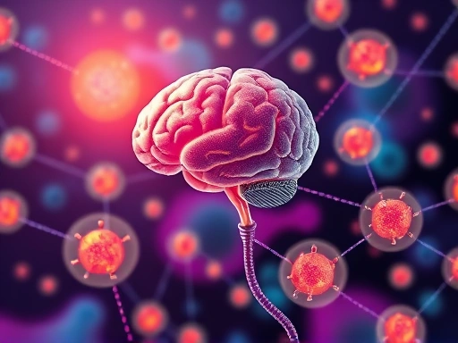 A vibrant, abstract illustration showing a network of brain cells connected to immune cells, with positive energy flowing between them, representing the psychoneuroimmunology concept. Colors should be uplifting and scientific.