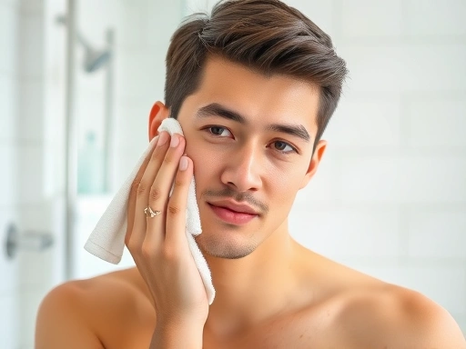 A young adult gently patting their face dry with a soft white towel after washing, steam subtly rising, in a clean, minimalist bathroom, bright lighting.