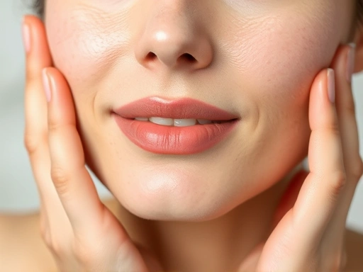 Close-up of hands applying toner to a radiant, fresh face, emphasizing the absorption process, with a focus on dewy skin texture and gentle movements.