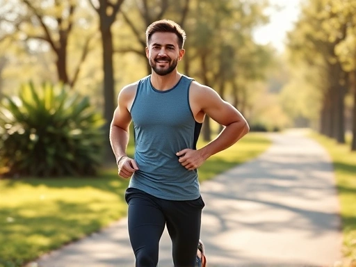 A fit person power walking with a determined expression on a scenic park path, showing strong arm swings and purposeful strides, morning sunlight, focus on cardiovascular health benefits.
