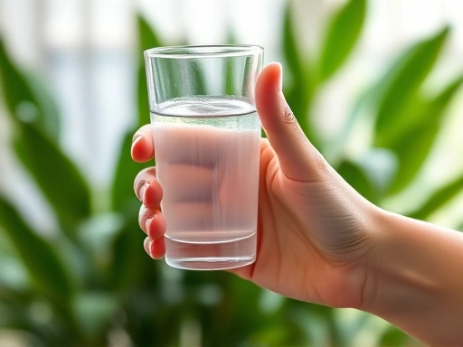 A person's hand holding a clear glass of water, with a blurred background showing green plants or a natural setting, symbolizing health and internal hydration for skin.