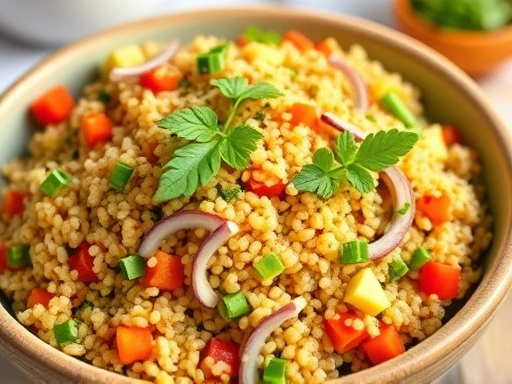 A vibrant bowl of cooked quinoa mixed with colorful vegetables and herbs, emphasizing its healthy and complete protein nature, in a bright kitchen setting.
