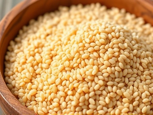 A close-up shot of dry quinoa grains in a wooden bowl, highlighting their unique texture and natural, wholesome appearance.