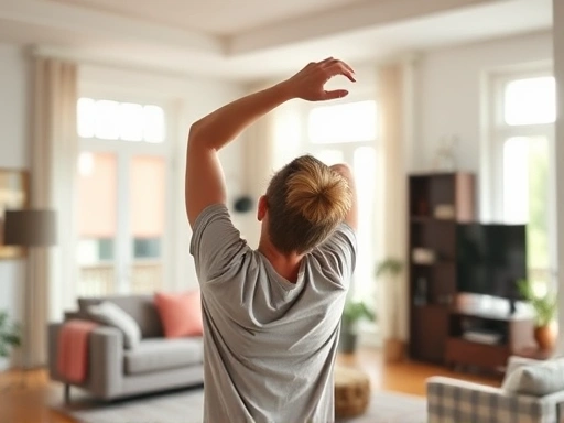 A person performing radio exercises in a bright, modern living room, stretching their arms towards the sky, focusing on joint flexibility, with a cheerful and energetic atmosphere.