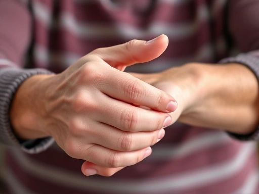 Close-up of a senior person's hands gently rotating their wrist during a radio exercise, highlighting the movement for joint flexibility, with clear focus on the wrist and fingers.