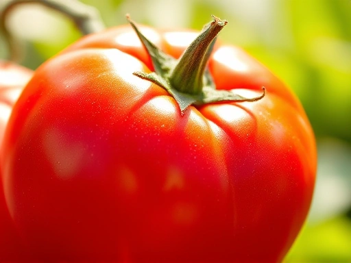 A vibrant, close-up image of a perfectly ripe red tomato, with sun rays subtly hitting its skin, symbolizing natural UV protection and healthy living.