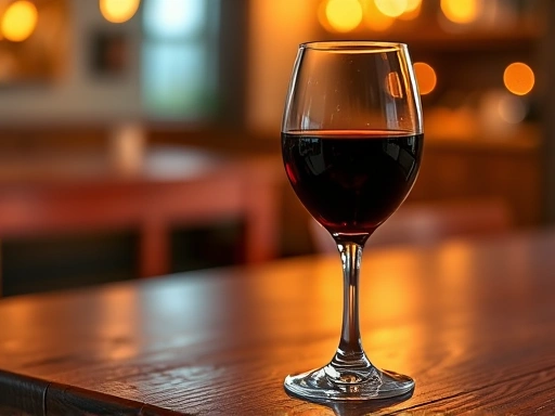 A warm, inviting scene of a glass of red wine on a wooden table, with soft, ambient lighting, symbolizing health and moderate enjoyment, incorporating scientific and health elements.