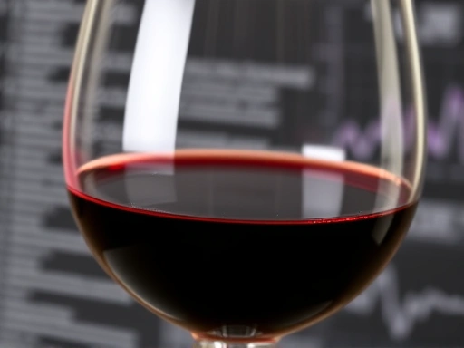 A close-up shot of a glass of red wine, showing its rich color and texture, with a subtle background suggesting scientific research or health data, emphasizing moderation.