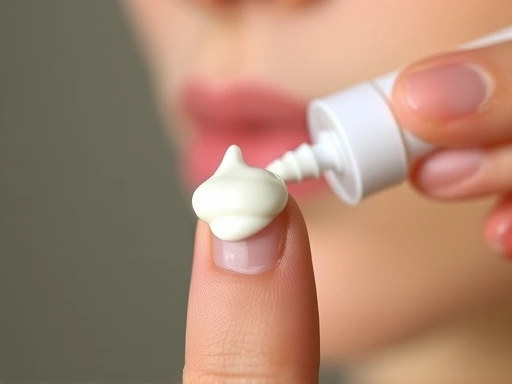 Close-up shot of a hand squeezing a small, pea-sized amount of retinol cream onto a fingertip, emphasizing the 'less is more' approach for beginner retinol users.
