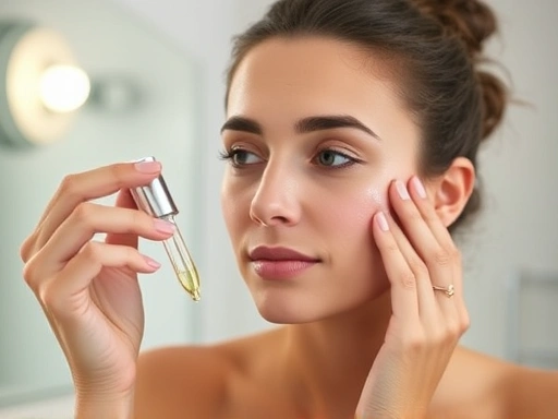 A person carefully applying a low-concentration retinol serum to their face, with a focus on gentle application and a well-lit bathroom setting, conveying safe skincare practices.
