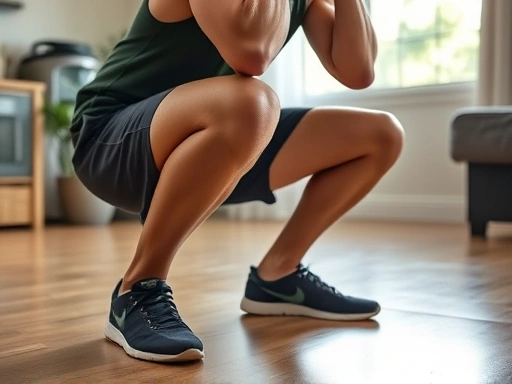 Close-up of a person performing a perfect squat with good form, focusing on knee and hip alignment, in a home setting, clear and sharp.