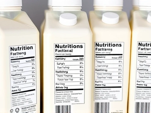 A close-up shot of different milk cartons (dairy, soy, almond, oat) with their nutrition facts labels clearly visible, emphasizing the specific nutritional differences.