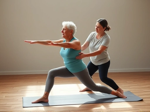 A serene senior woman gracefully performing a modified yoga pose on a mat, with a qualified instructor gently guiding her, soft natural light, focus on safety and calmness.