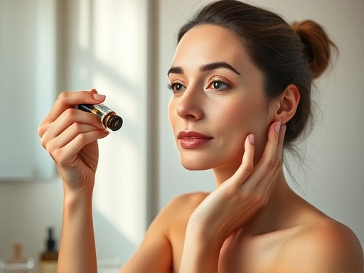A serene woman with clear, healthy skin applying a gentle anti-aging serum in a minimalist, well-lit bathroom, emphasizing self-care and a calm routine.
