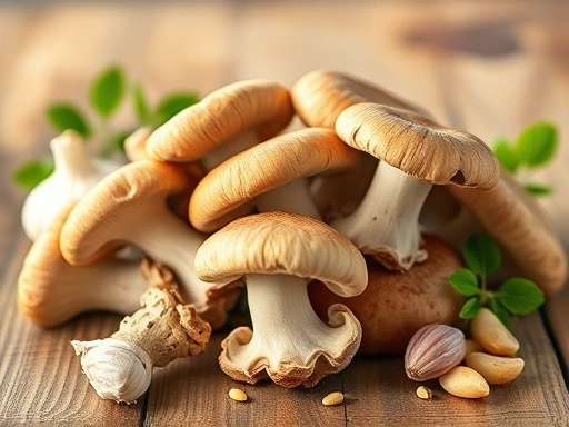 A vibrant still life image of fresh shiitake mushrooms, with a subtle glow, emphasizing their natural health benefits for immunity, on a rustic wooden table with healthy ingredients like garlic and ginger in soft, natural light.