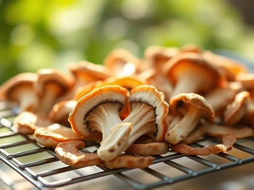 Close-up shot of sliced shiitake mushrooms drying naturally in the sunlight on a clean rack, illustrating the vitamin D activation process for enhanced immunity, with subtle bokeh background.