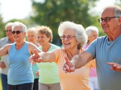 A group of diverse happy senior adults participating in a low-impact fitness class outdoors, with a bright, encouraging atmosphere, focusing on active and healthy seniors.