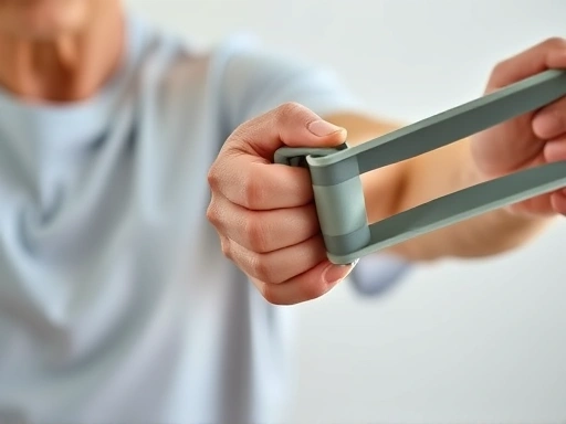 Close-up of a senior person's hand holding a light resistance band during a gentle exercise, with a focus on safe and controlled movement, indicating professional guidance and rehabilitation.