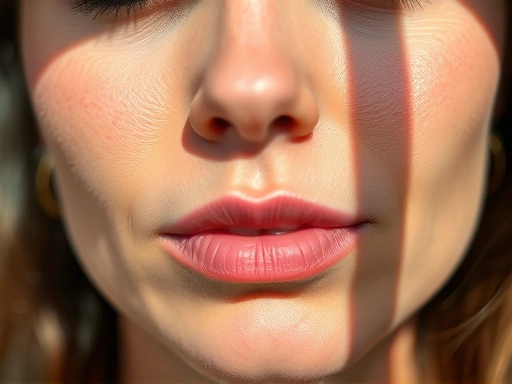 A close-up shot of a person's face under natural light, subtly revealing early signs of fine lines around the eyes and mouth, with a focus on skin texture and healthy glow.