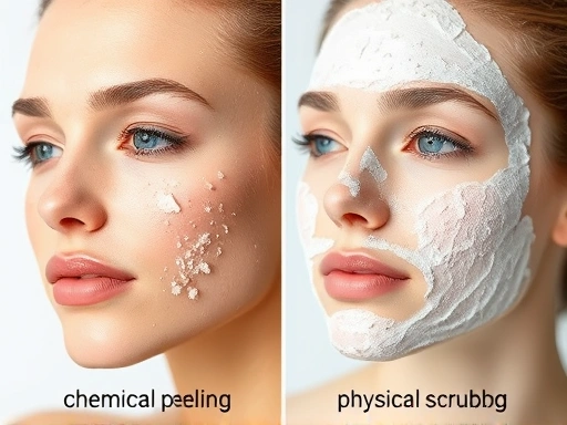 A visually clear comparison image showing two distinct types of facial exfoliation: one side representing chemical peeling with abstract dissolving particles, and the other side showing physical scrubbing with gentle, circular motions on skin, highlighting different textures and effects.