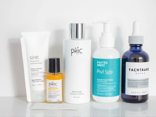 Detailed shot of various skincare products like a pH strip, lotion, and serum bottles, on a minimalist background, focusing on texture and ingredients. SEO: skin pH products, skin balance, skincare routine.