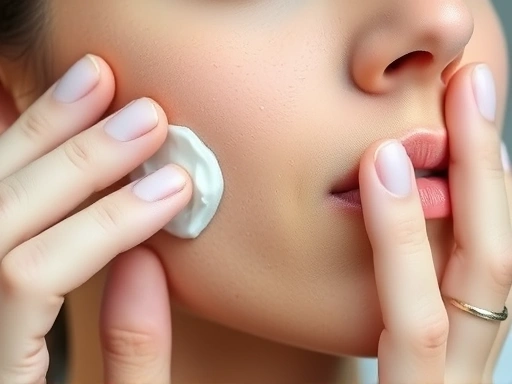 Close-up of a person gently applying a soothing cream to their face post-dermatological procedure, showing meticulous aftercare and healing, soft lighting.