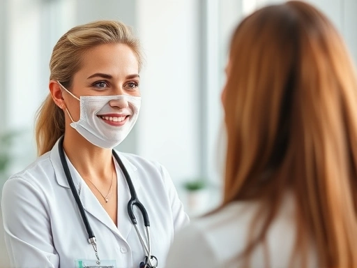 A person with radiant, healthy skin consulting with a dermatologist in a modern, bright clinic setting, emphasizing care and preparation for skin procedures.