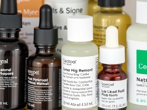 A close-up shot of various small, clean skincare bottles with ingredient labels clearly visible, featuring natural and gentle formulations for sensitive skin.