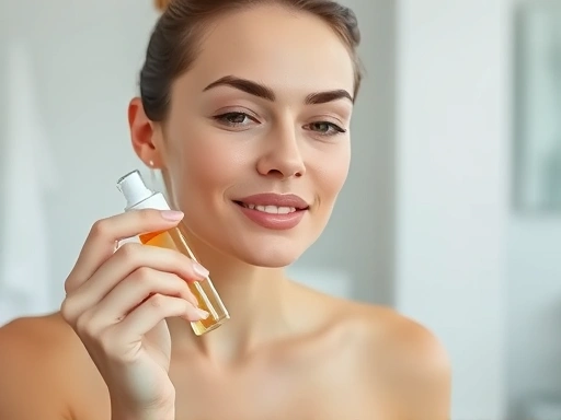 A woman with clear, radiant skin applying a serum, in a bright, minimalist bathroom, focusing on the gentle application process, natural light.