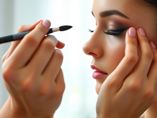 Close-up of hands expertly applying makeup (e.g., blending foundation or applying eyeshadow) on a model's face, showcasing precision and beauty products, soft focus background.
