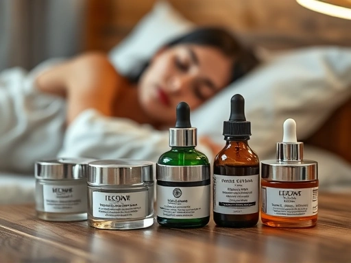 A close-up shot of various skincare products on a wooden bedside table, with a soft blurred background of a sleeping person, highlighting night creams and serums.
