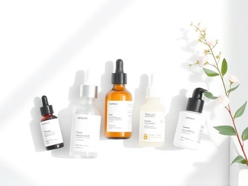 A minimalist flat lay of various skincare products, including a bottle of essence and a dropper bottle of serum, neatly arranged on a clean white background with subtle natural light.