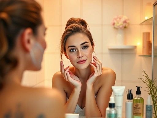 A woman performing a home skincare routine in a cozy bathroom with various beauty products, warm lighting, and a feeling of self-care. Focus on clear, glowing skin.